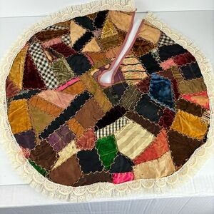 Antique hand-stitched crazy quilt small Christmas Tree Skirt-Farmhouse/Prim